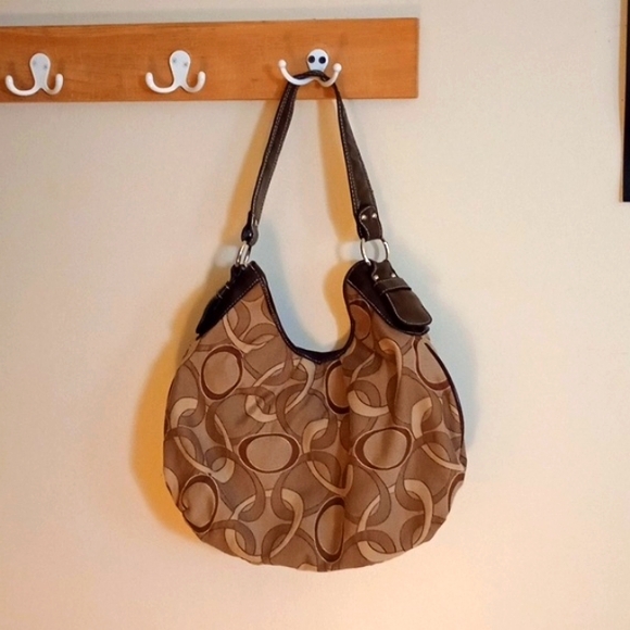 SHOULDER STRAP SACK STYLE PURSE, BROWN & CREAM, EUC - Picture 1 of 7